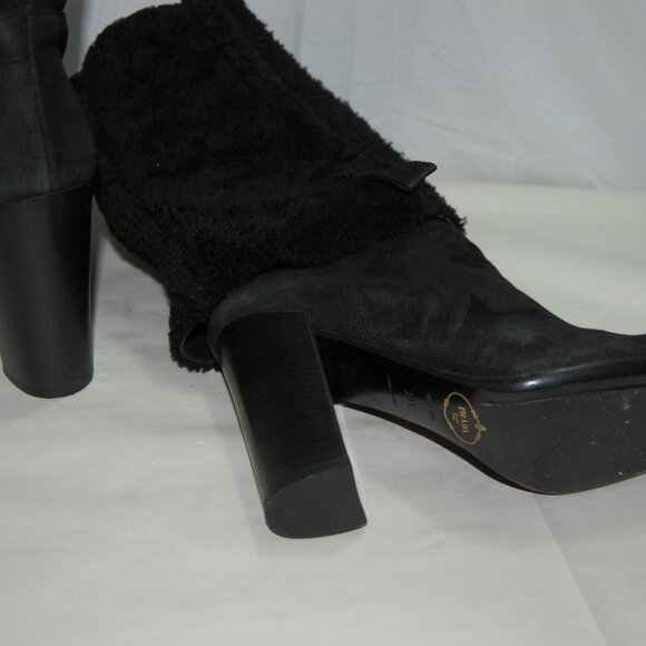39.5/9.5❤️PRADA Black Slouch Shearling Suede Leather Over Knee High Heels Boots - Picture 13 of 13